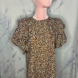 THML Women’s Brown Animal Print Top with Ruffle Sleeves Sz S
